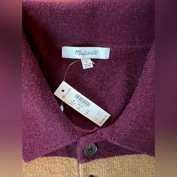NWT Madewell Rugby-Stripe Sweater Polo Wool & Cashmere - Tan & burgundy Medium - Picture 7 of 9
